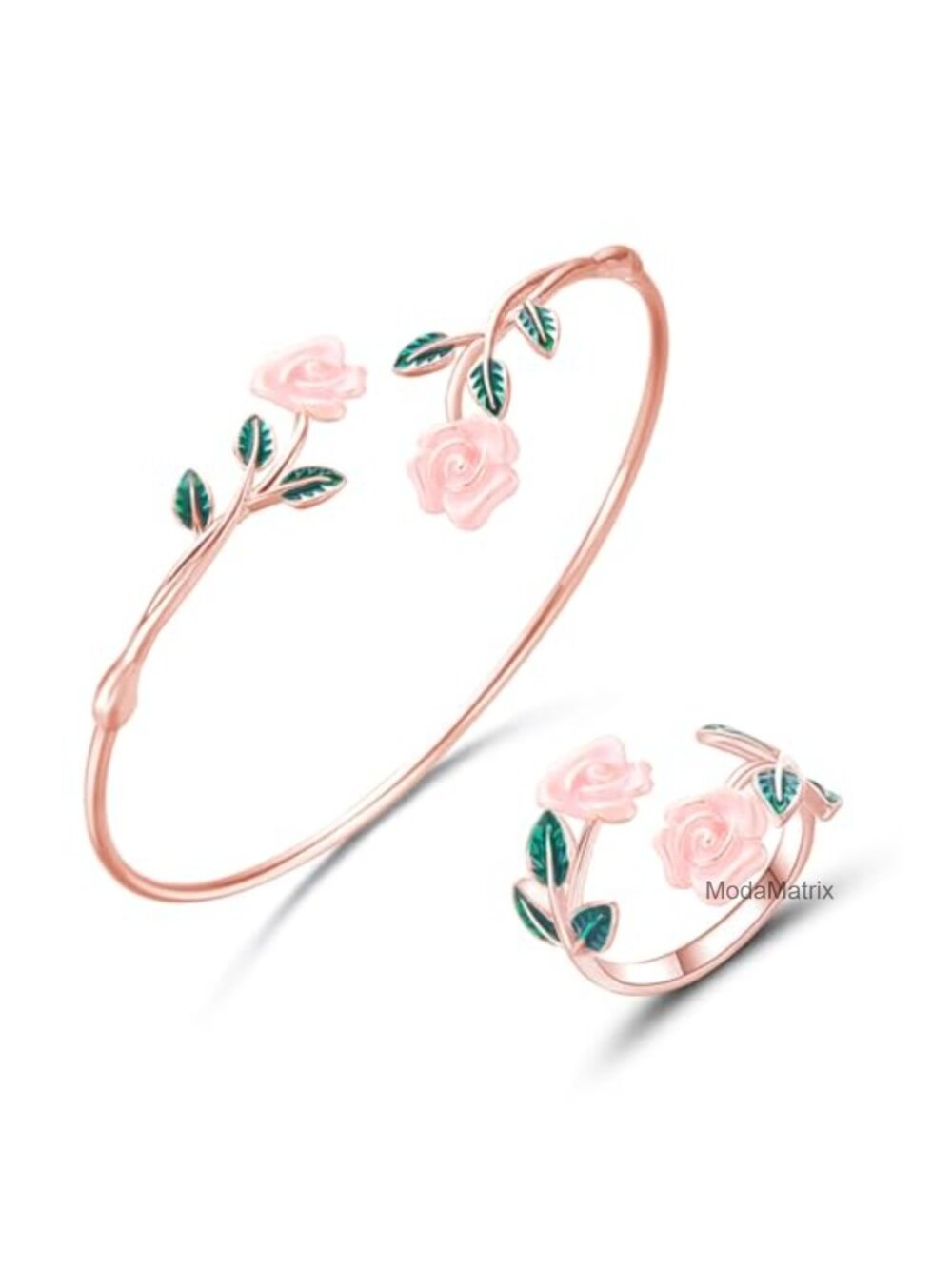 Vintage Rose Flower Bracelet Ring Set Adjustable Open Cuff Dainty Wedding